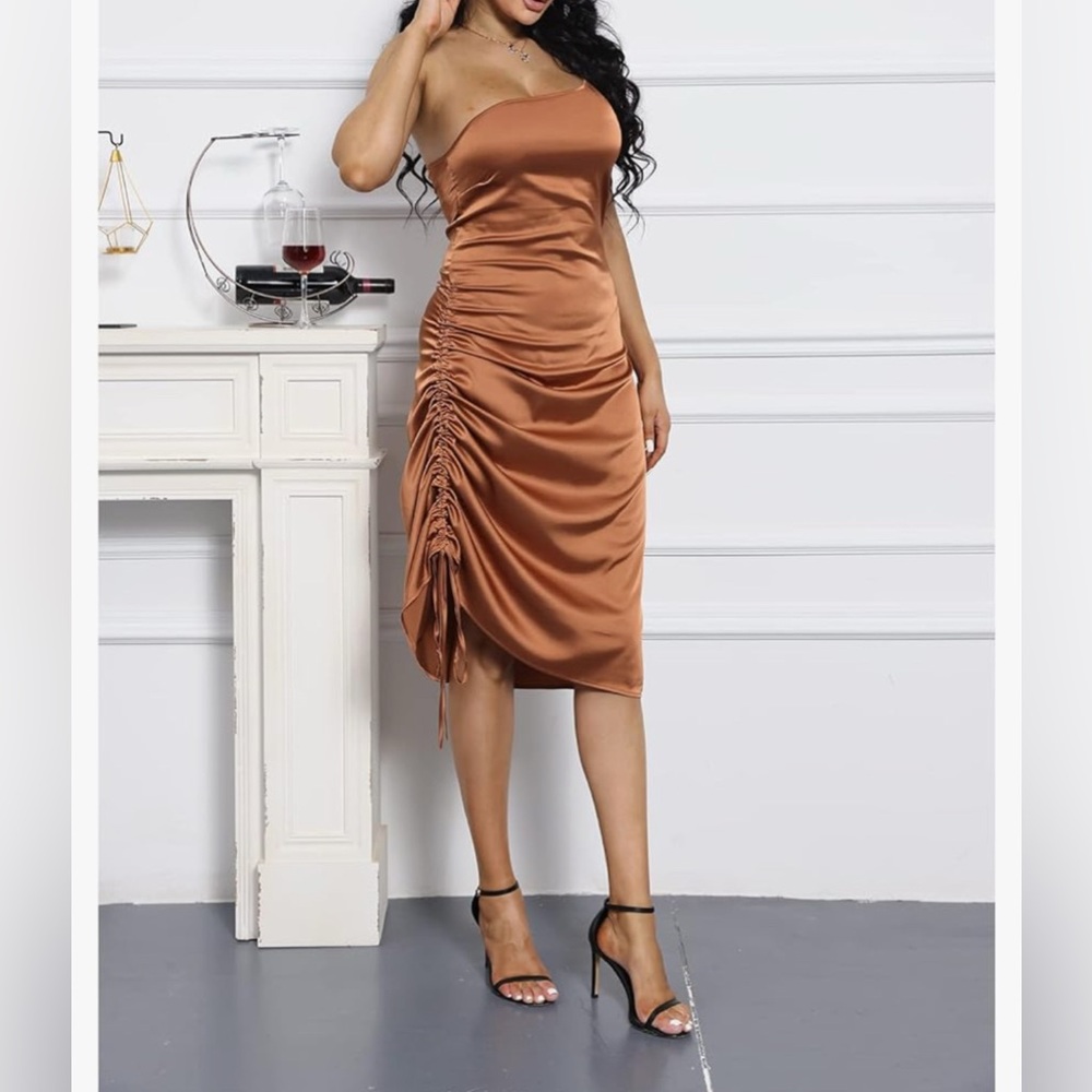 NWT - Women's Satin Dress Spaghetti Strap Drawstring Ruched Cocktail Evening - Picture 4 of 8